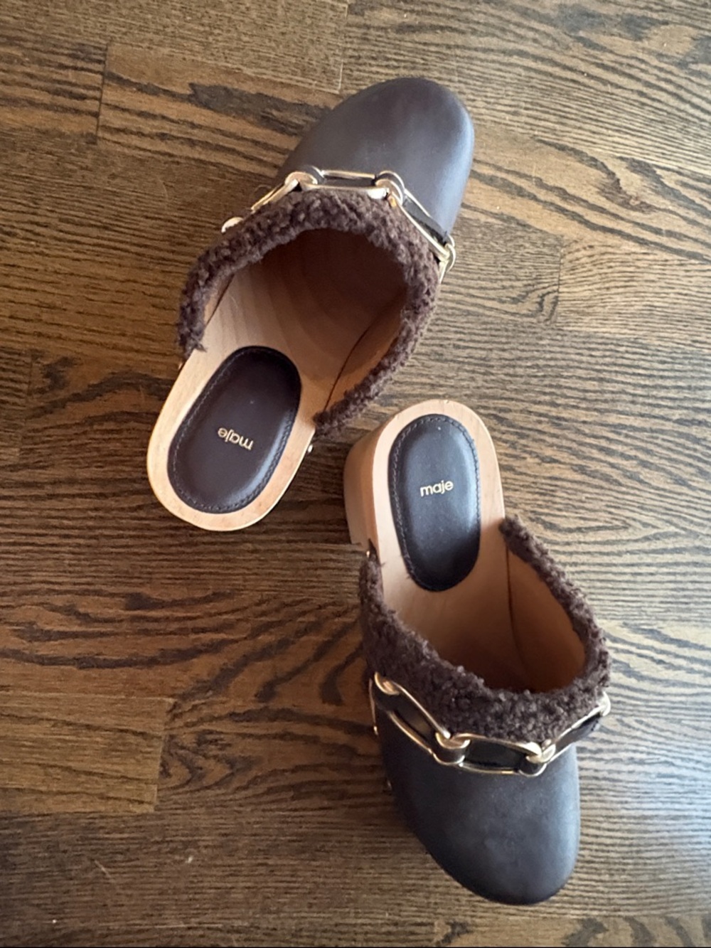 Maje Brown Leather Shearling-Trim Mule with Gold Chain Detail